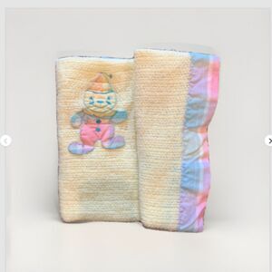 Rare! Vintage BEACON Pastel Plaid SATIN TRIM Lg CLOWN 40x33 Acrylic Baby Blanket